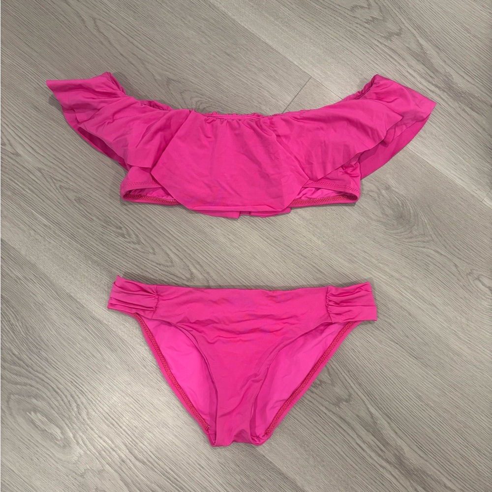Trina Turk Ruffled Off-Shoulder Bikini Set in Bright Pink